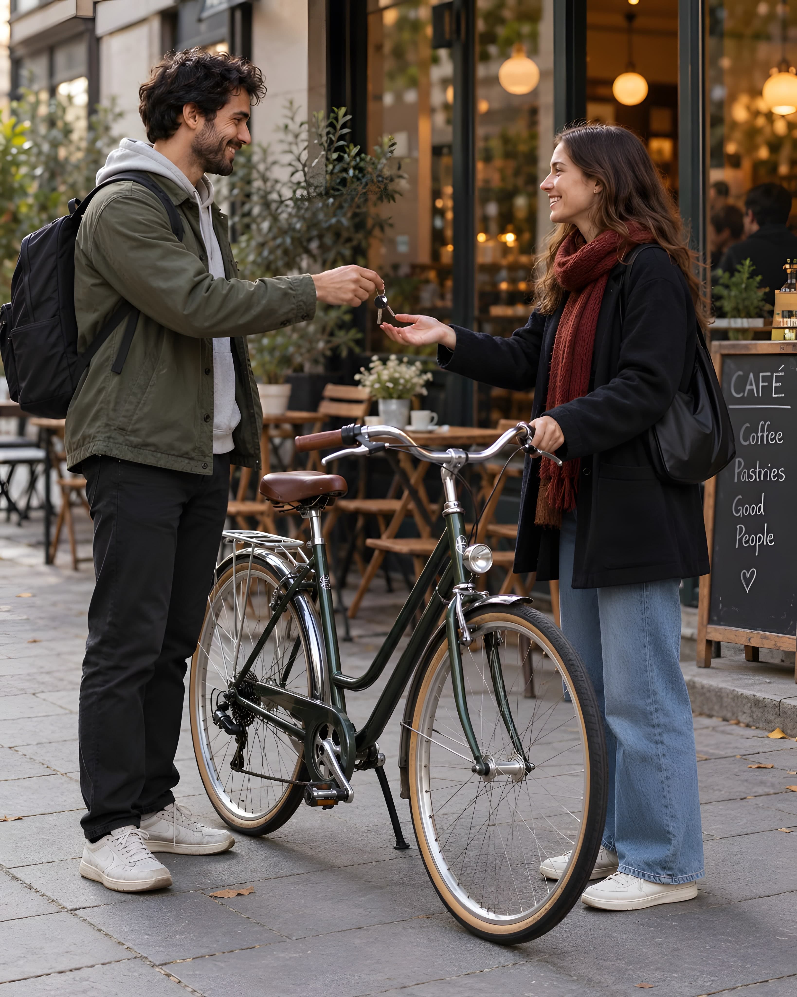 En man och en kvinna möts utanför ett café och lämnar över nycklarna till en cykel.